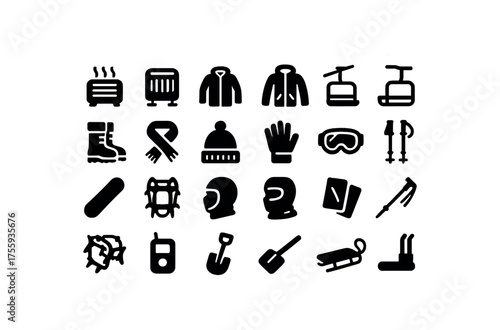 vector solid black filled icons Winter (outdoor gear) heater on heater off jacket open jacket closed lift active lift inactive snow wool scarf knit hat thermal gloves ski goggles ski poles
