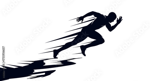 Dynamic sprinter silhouette powerfully accelerating forward with motion blur streaks and impactful shadow