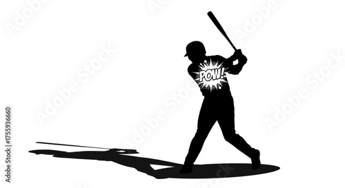 Dynamic baseball player silhouette swinging bat with powerful 'POW!' comic effect and dramatic shadow, capturing action and impact