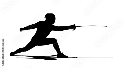 Dynamic fencer in silhouette lunges forward with sword extended, capturing intense competitive spirit and athletic grace.