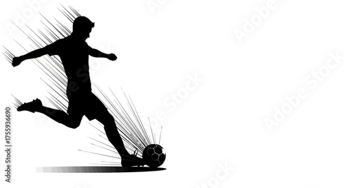Dynamic silhouette of a soccer player powerfully kicking a ball with motion lines, capturing the thrill of the game.