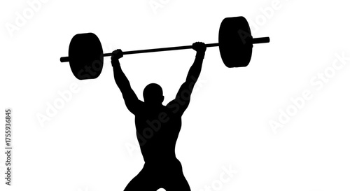 Powerful athlete triumphantly lifts heavy barbell overhead in dynamic silhouette symbolizing strength and achievement