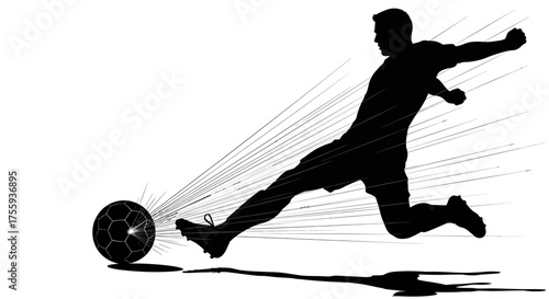 Dynamic silhouette of a soccer player powerfully kicking a ball, capturing the intense energy and speed of the game with radiating lines