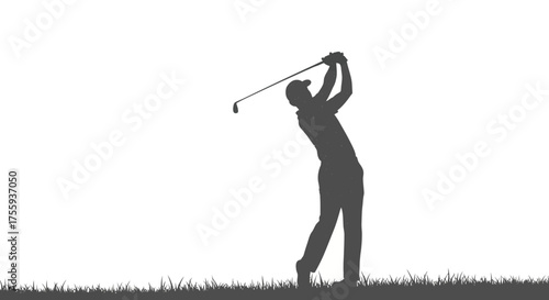 Dynamic golfer in silhouette swings club with focus amidst textured grass and a bright sky, capturing athletic motion.