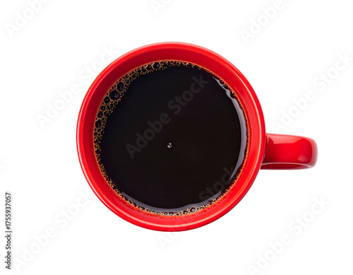 Overhead shot of a red ceramic mug brimming with steaming dark coffee on black background