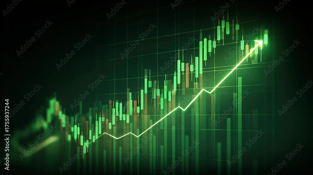 Naklejka premium Stock market growth with green candlestick chart and rising lines. Ideal for illustrating profit, success, investment growth, financial gain