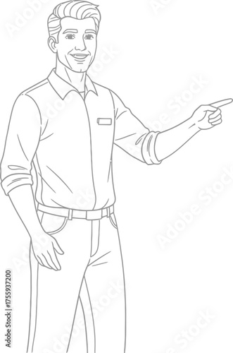 Smiling man vector line art sketch pointing index finger to the side indicating direction or presentation
