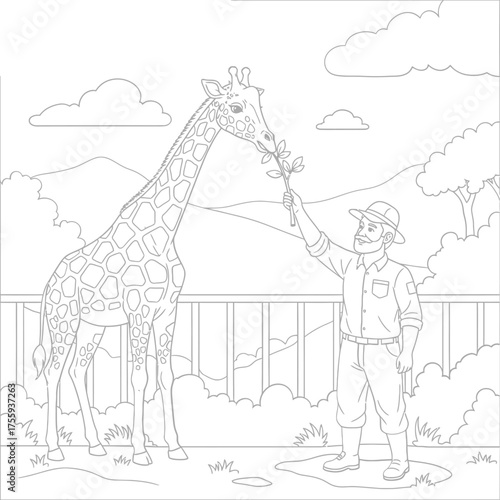 Zookeeper feeding a giraffe at the zoo line art illustration for coloring book