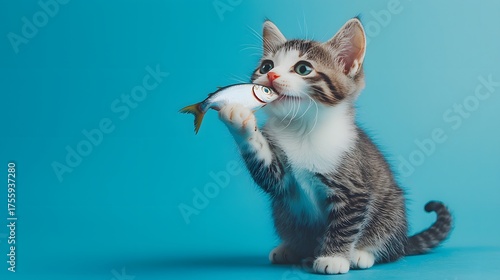 Playful kitten holding a small fish with a vibrant blue background