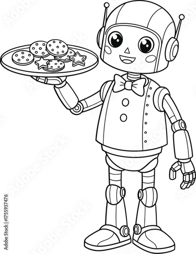 Cute waiter robot serving cookies on a tray line art illustration ready for coloring page or activity book design