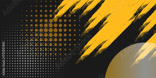 Black and yellow abstract background with brushstroke and halftone style.