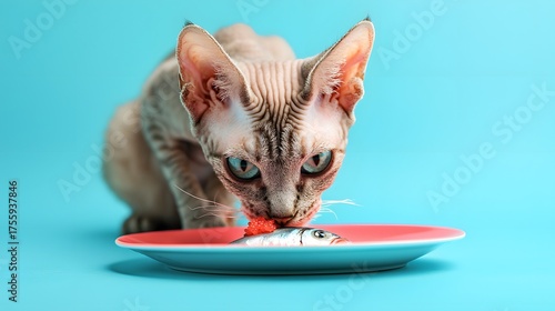 Cat Eating Fish on Blue Background with Vibrant Colors and Contrast