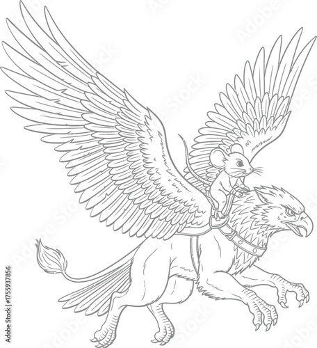 Mouse Riding Flying Gryphon Fantasy Line Art Vector Illustration