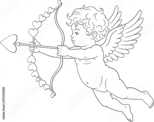 Flying Cupid Line Art Drawing with Heart Arrow and Bow Isolated Vector Illustration for Valentines Day and Love Concepts