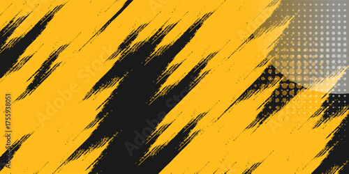 Black and yellow abstract background with brushstroke and halftone style.