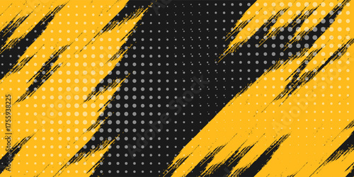 Black and yellow abstract background with brushstroke and halftone style.