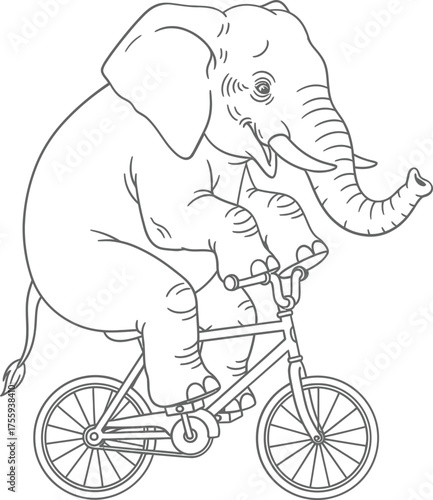Funny circus elephant riding a bicycle line art vector drawing ready for coloring