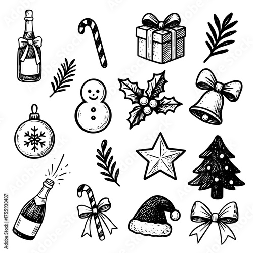 A collection of hand-drawn Christmas and New Year doodles in elegant black sketch style.  Perfect for holiday cards, social media templates, stickers, packaging design, invitations, digital scrapbooki