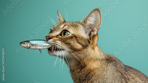 Cat with Fish in Mouth Against a Turquoise Background