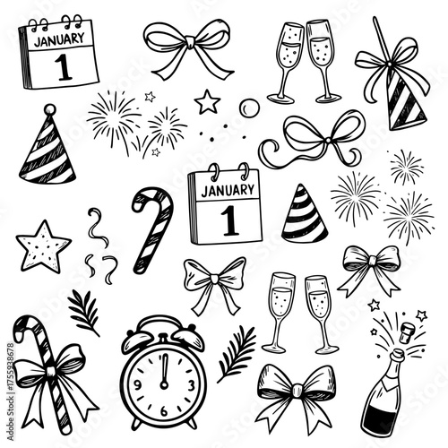 A hand-drawn collection of New Year and holiday doodles in elegant black sketch style.  Perfect for New Year’s Eve invitations, festive cards, social media templates, stickers, packaging, and celebrat