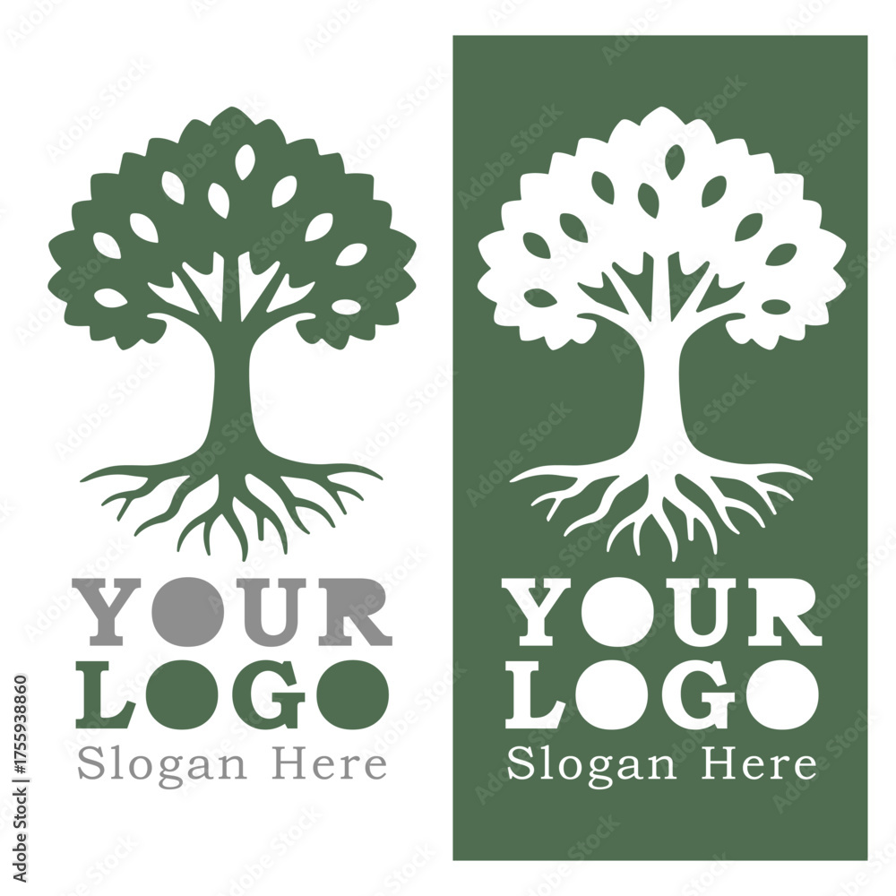 Obraz premium Mighty Oak Tree Logo Design with Roots and Leaves Natural Organic Symbol