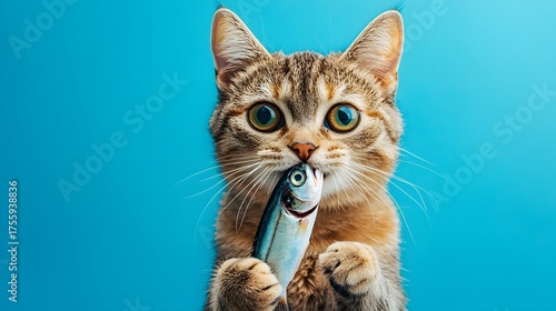 Cute Cat Holding Fish on Vibrant Blue Background for Fun Imagery