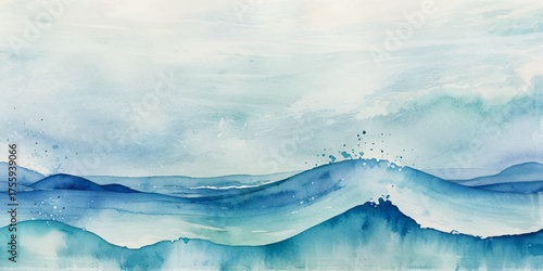 Beautiful soft blue sea water, ocean wave background. Soft blue and white hand printed creative marble texture ocean background.	