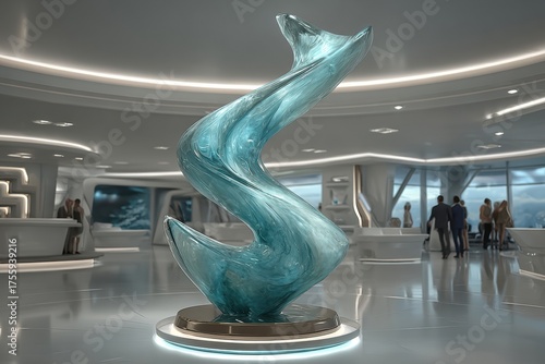 Abstract glass sculpture in modern gallery with elegant interior design
