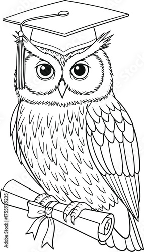 Black and White Line Art of a Graduate Owl with Diploma and Graduation Cap Scholarly Bird Vector Coloring Page