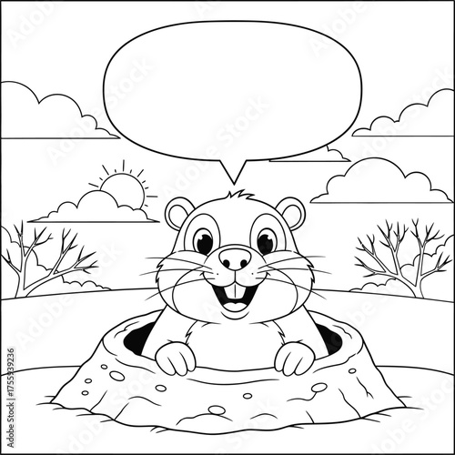 Happy Groundhog Emerging from Burrow with Speech Bubble Black and White Coloring Page Line Art Illustration