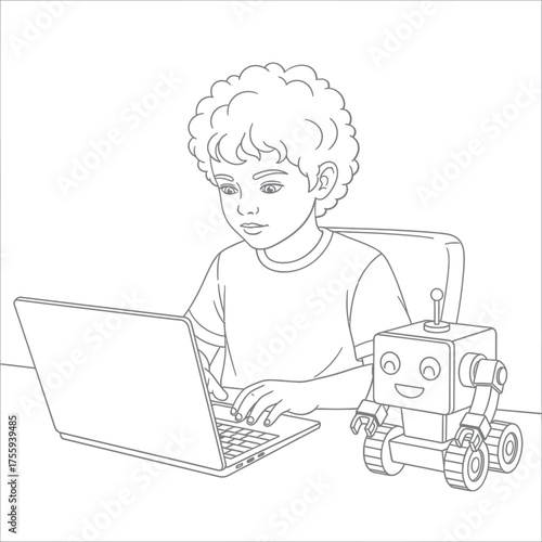 Boy learning coding or programming with a laptop and robot outline illustration for coloring book design