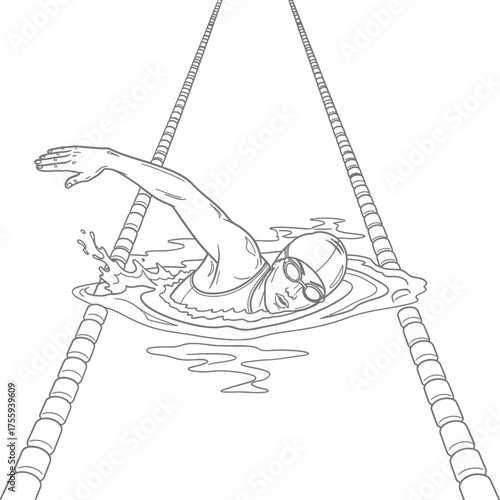 Professional Female Swimmer Doing Freestyle Stroke in Pool Lane Outline Drawing Vector Art