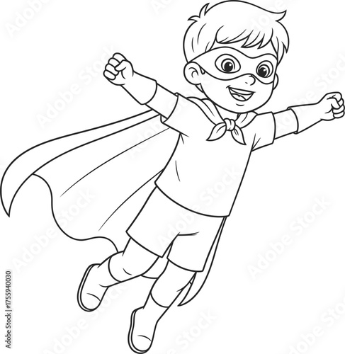 Cute Superhero Boy Flying Outline Coloring Page Illustration