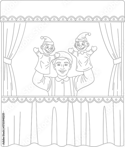 Puppet Show Performance Line Art Vector Illustration Cartoon Puppeteer with Two Hand Puppets on Stage for Coloring Book