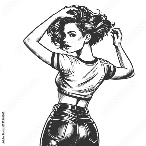 confident young woman with short hair, crop top, and jeans posing in a modern, bold stance sketch engraving generative ai fictional character vector illustration. Scratch board. Black and white image.