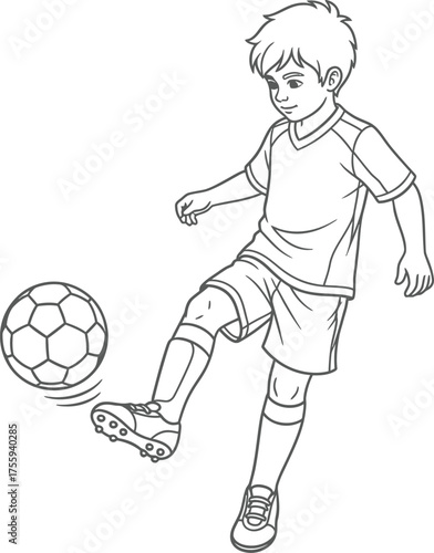 Youth Soccer Player Kicking Ball Outline Vector Illustration