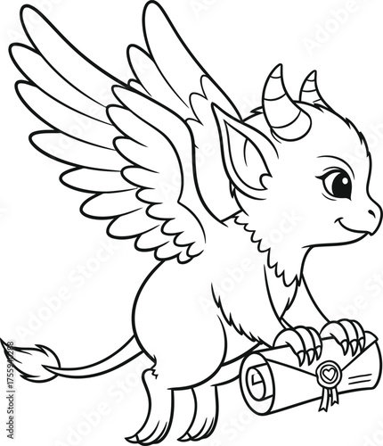 Cute winged mythical creature holding a diploma scroll line art coloring page