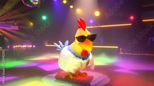 Chicken dancing with sunglasses on a disco dance floor