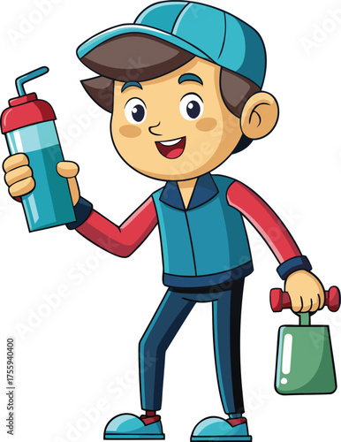 Cartoon Child with Lunchbox and Water Bottle – Healthy Lifestyle
