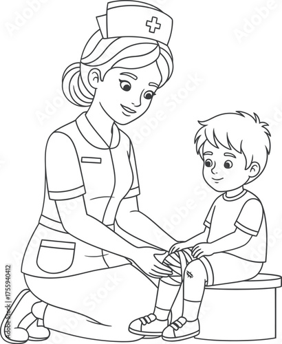 Nurse giving first aid to a boy with injured knee coloring page line art vector