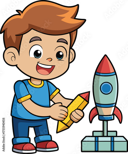 Cartoon Boy Holding Pencil with Toy Rocket – Creative Play