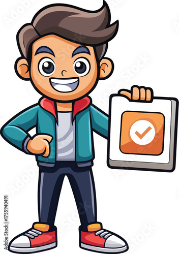 Cartoon Boy with Checkmark Sign – Approval Character