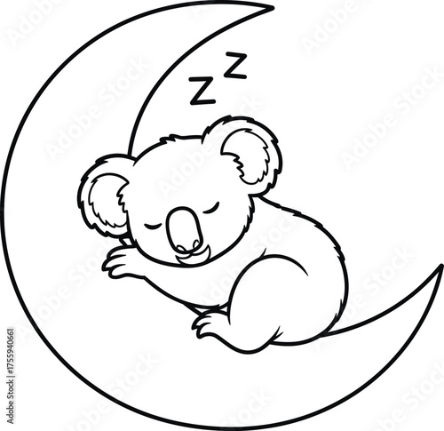 Cute Koala Sleeping on Crescent Moon Line Art Vector Illustration for Coloring Book Pages or Kids Nursery Decor
