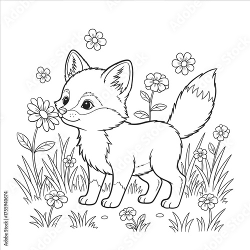 Adorable cartoon baby fox sniffing a flower in a meadow coloring book page vector outline illustration