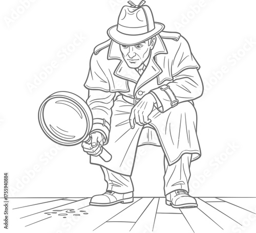 Private investigator in trench coat crouching with magnifying glass examining clues on floor grayscale line drawing