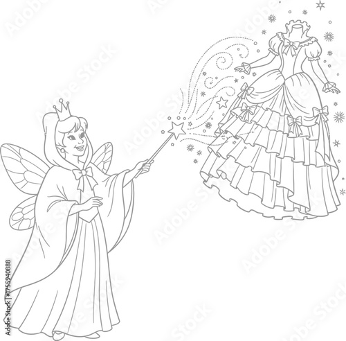 Fairy Godmother creating a magical princess ball gown with wand outline for coloring book