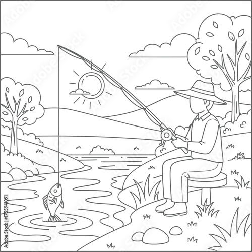 Coloring page of a fisherman catching a fish in a scenic river landscape Line art vector illustration for children and adults