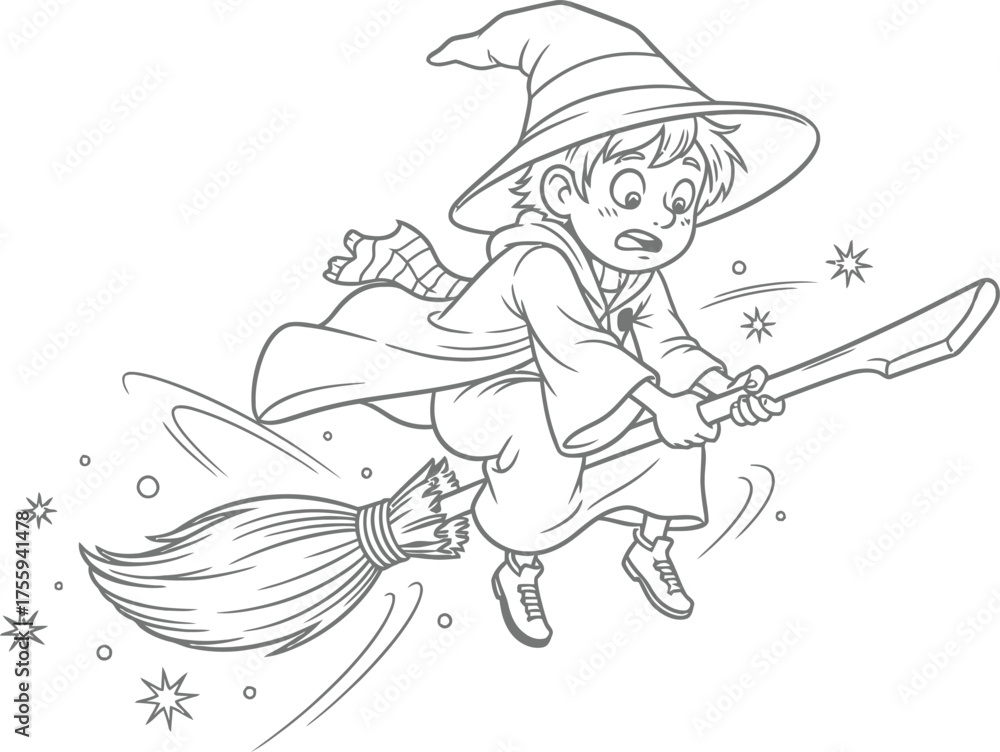 Fototapeta premium Young wizard or witch flying on a magic broomstick coloring page outline cartoon line art vector