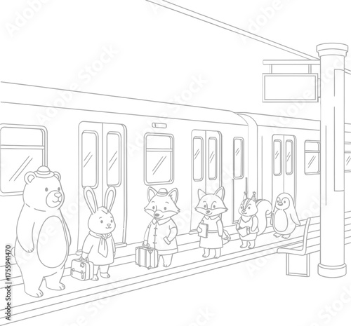 Anthropomorphic Animals Commuting Coloring Page Line Art Vector Illustration on Subway Platform