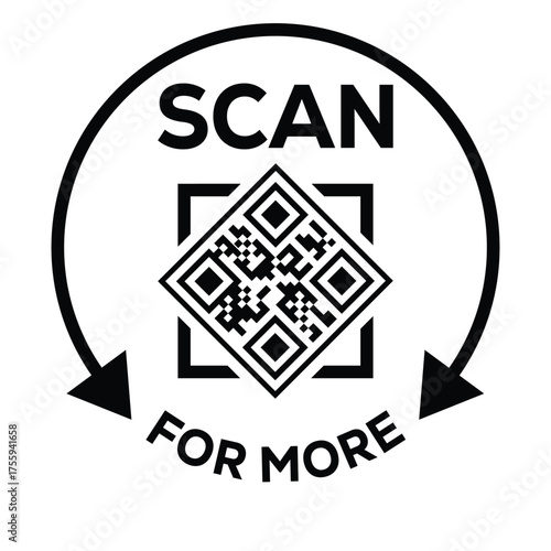 Black and white vector icon featuring a QR code inside a stylized frame, enclosed by a circular arrow and the text "SCAN FOR MORE." This graphic symbolizes digital access, linking, or quick informatio
